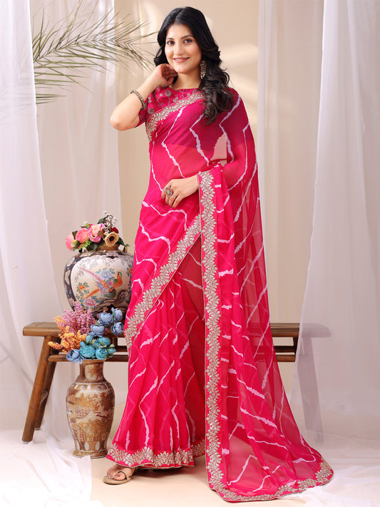 Leelavati Striped, Embroidered Bandhani Georgette Saree (Pink)