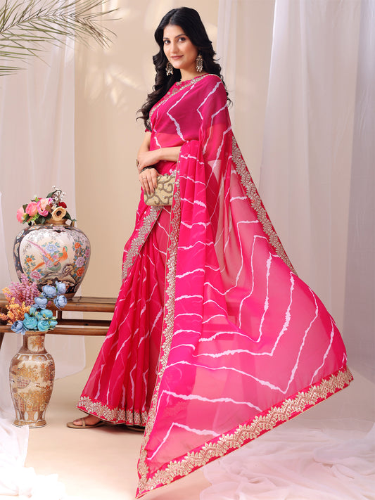 Leelavati Striped, Embroidered Bandhani Georgette Saree (Pink)