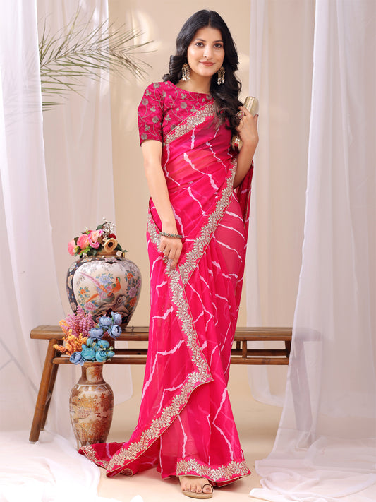 Leelavati Striped, Embroidered Bandhani Georgette Saree (Pink)