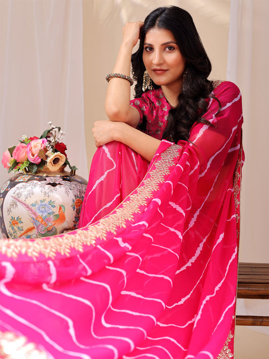 Leelavati Striped, Embroidered Bandhani Georgette Saree (Pink)