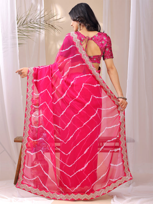 Leelavati Striped, Embroidered Bandhani Georgette Saree (Pink)