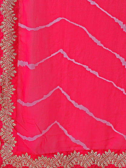 Leelavati Striped, Embroidered Bandhani Georgette Saree (Pink)