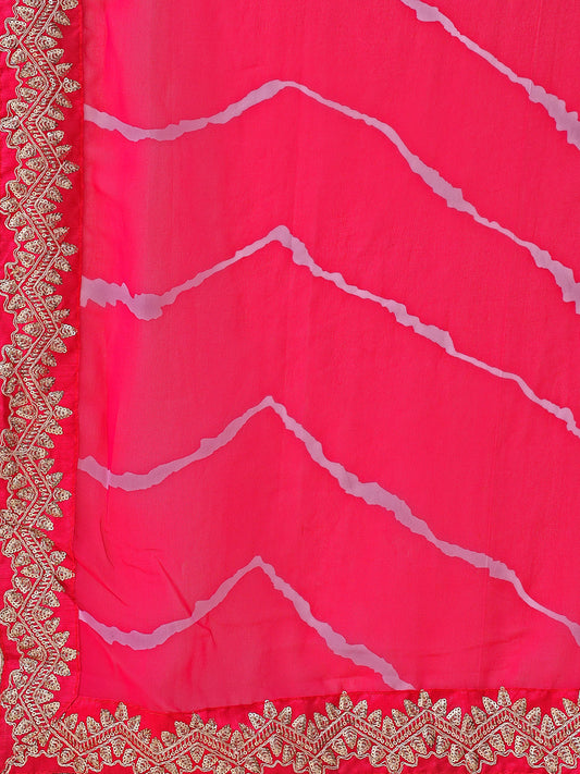 Leelavati Striped, Embroidered Bandhani Georgette Saree (Pink)