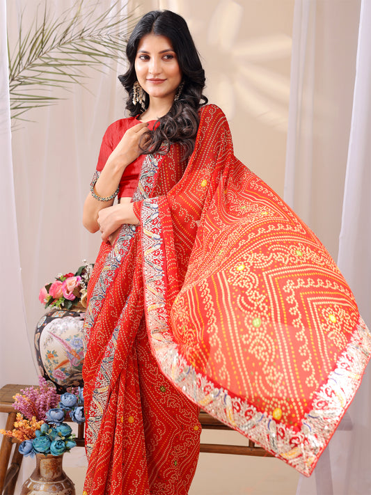 Leelavati Striped, Embroidered Bandhani Georgette Saree (Orange)
