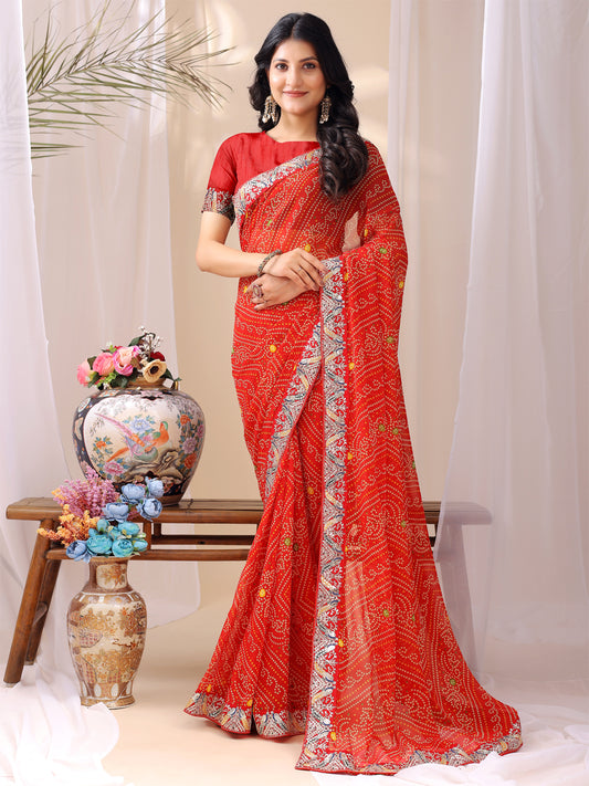 Leelavati Striped, Embroidered Bandhani Georgette Saree (Orange)