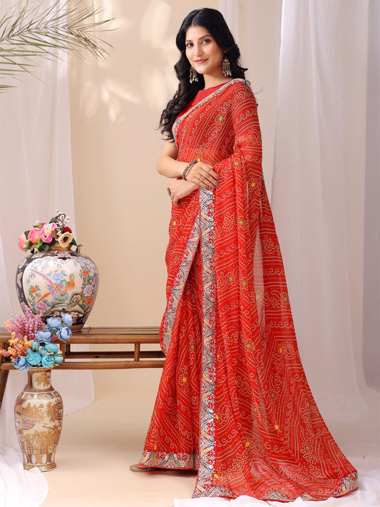 Leelavati Striped, Embroidered Bandhani Georgette Saree (Orange)