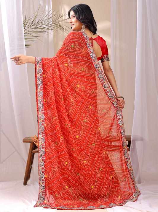 Leelavati Striped, Embroidered Bandhani Georgette Saree (Orange)