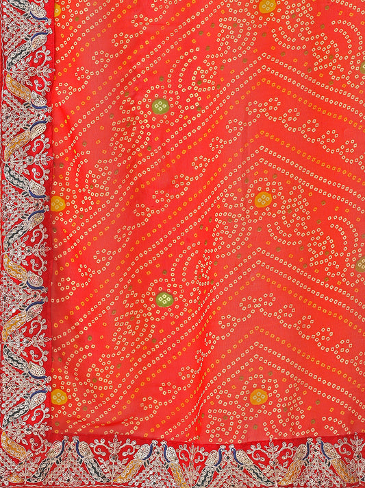 Leelavati Striped, Embroidered Bandhani Georgette Saree (Orange)