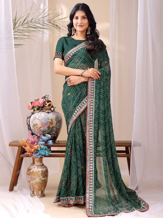 Leelavati Striped, Embroidered Bandhani Georgette Saree (Green)