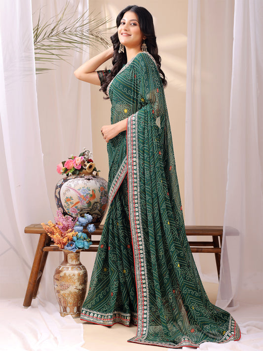 Leelavati Striped, Embroidered Bandhani Georgette Saree (Green)