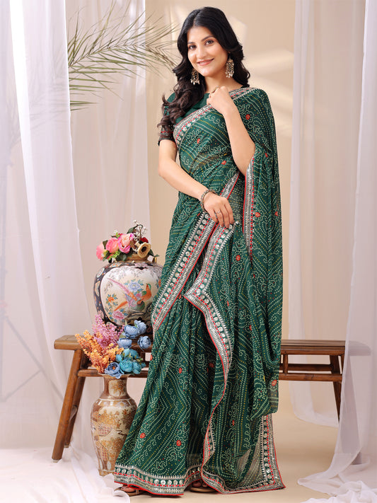 Leelavati Striped, Embroidered Bandhani Georgette Saree (Green)