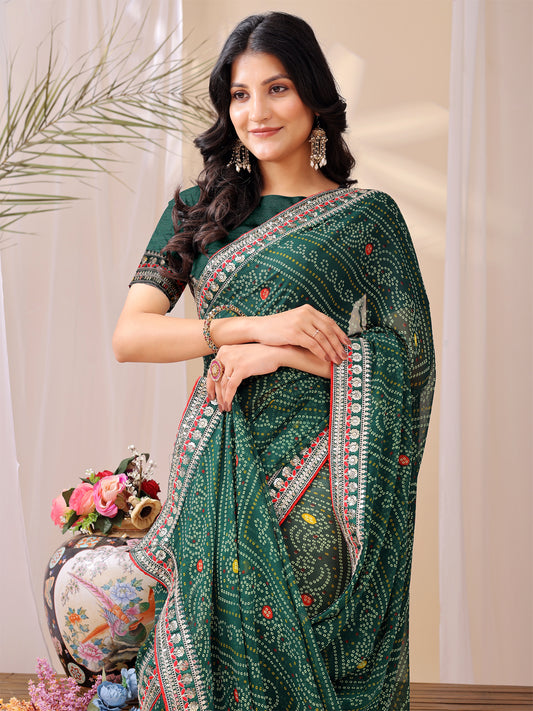 Leelavati Striped, Embroidered Bandhani Georgette Saree (Green)