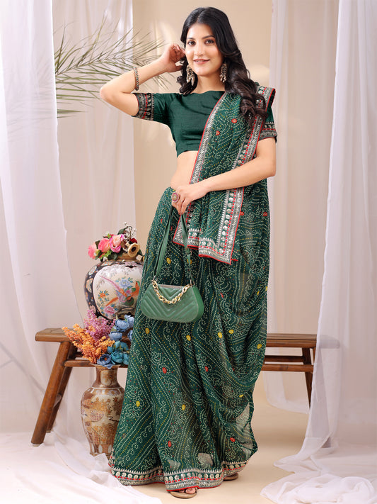 Leelavati Striped, Embroidered Bandhani Georgette Saree (Green)