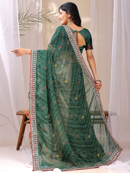 Leelavati Striped, Embroidered Bandhani Georgette Saree (Green)
