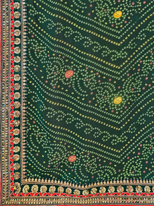 Leelavati Striped, Embroidered Bandhani Georgette Saree (Green)