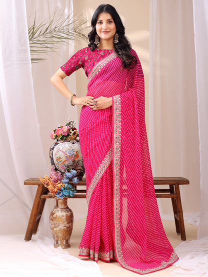 Leelavati Striped, Embroidered Bandhani Georgette Saree (Pink)