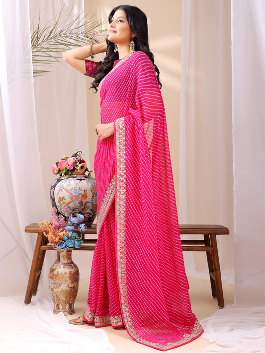 Leelavati Striped, Embroidered Bandhani Georgette Saree (Pink)