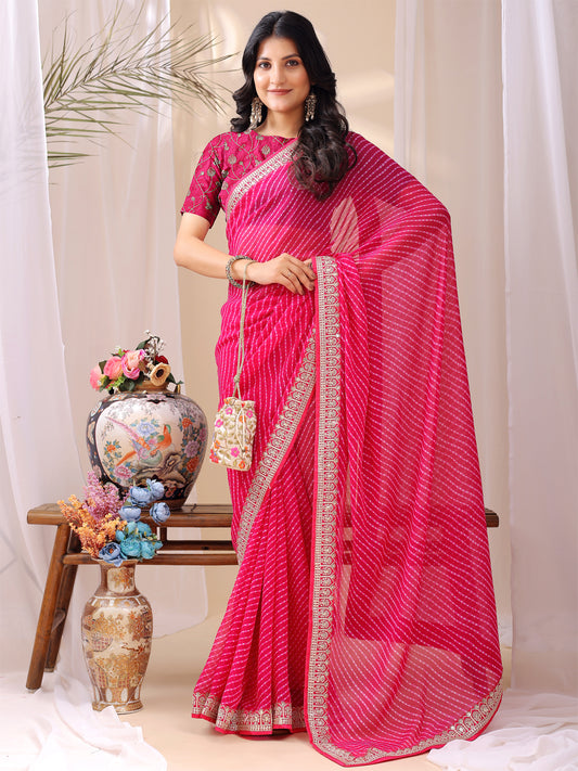 Leelavati Striped, Embroidered Bandhani Georgette Saree (Pink)