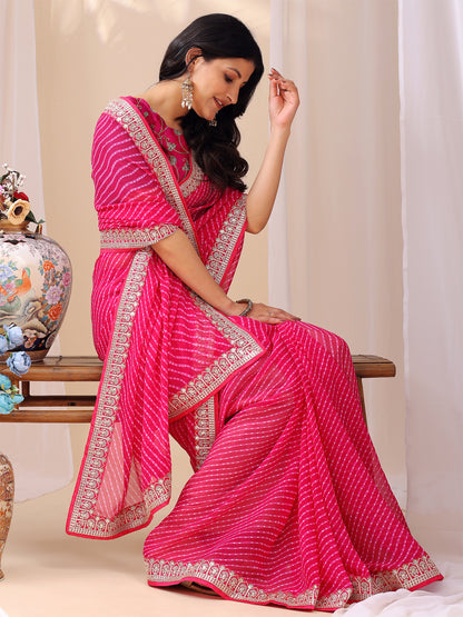 Leelavati Striped, Embroidered Bandhani Georgette Saree (Pink)