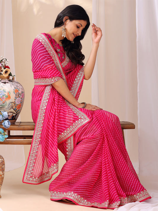 Leelavati Striped, Embroidered Bandhani Georgette Saree (Pink)