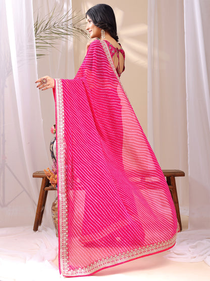 Leelavati Striped, Embroidered Bandhani Georgette Saree (Pink)