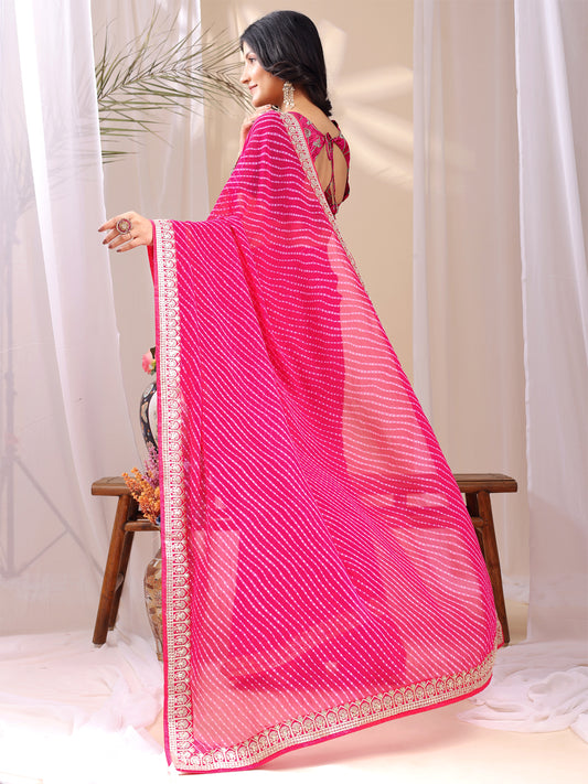 Leelavati Striped, Embroidered Bandhani Georgette Saree (Pink)