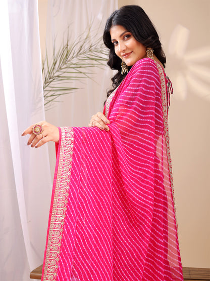 Leelavati Striped, Embroidered Bandhani Georgette Saree (Pink)