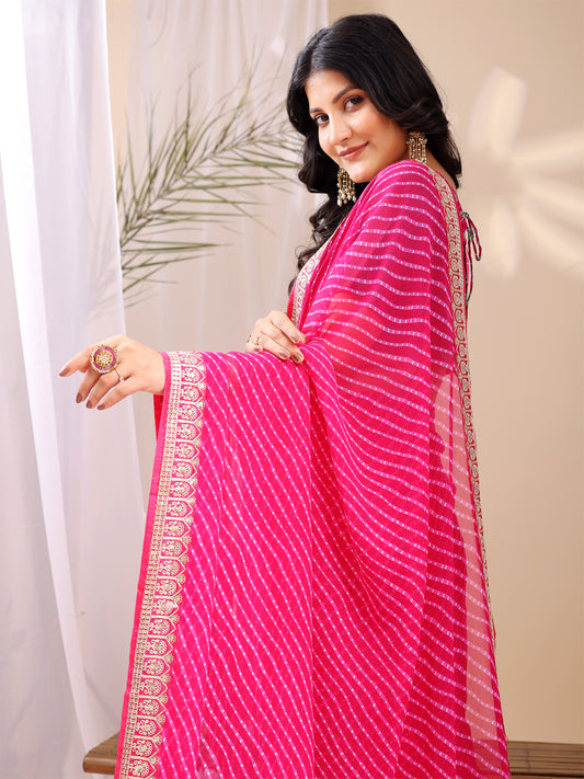 Leelavati Striped, Embroidered Bandhani Georgette Saree (Pink)