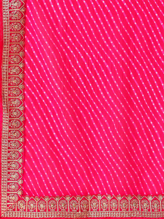 Leelavati Striped, Embroidered Bandhani Georgette Saree (Pink)