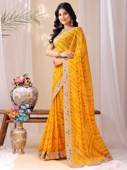 Leelavati Embroidered, Striped Bandhani Georgette Saree (Yellow)