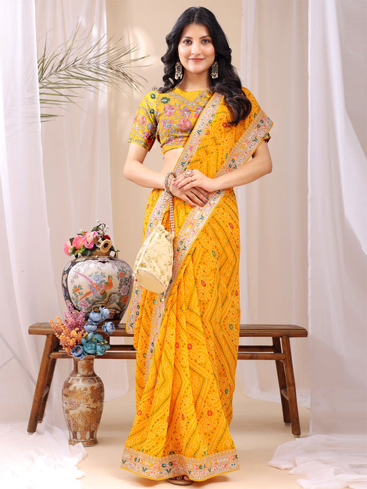 Leelavati Embroidered, Striped Bandhani Georgette Saree (Yellow)