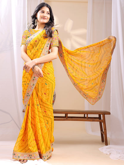 Leelavati Embroidered, Striped Bandhani Georgette Saree (Yellow)