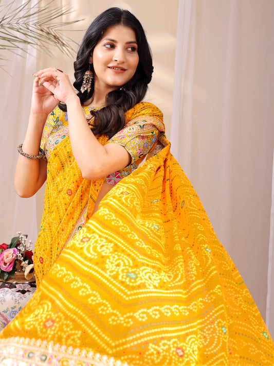 Leelavati Embroidered, Striped Bandhani Georgette Saree (Yellow)