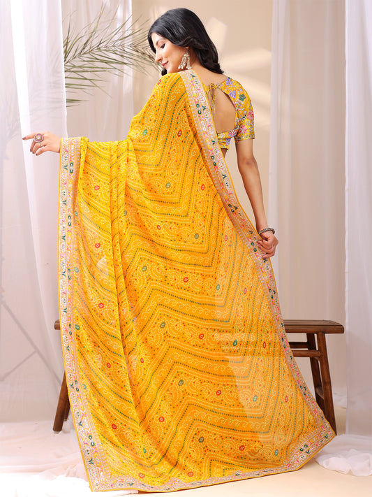 Leelavati Embroidered, Striped Bandhani Georgette Saree (Yellow)