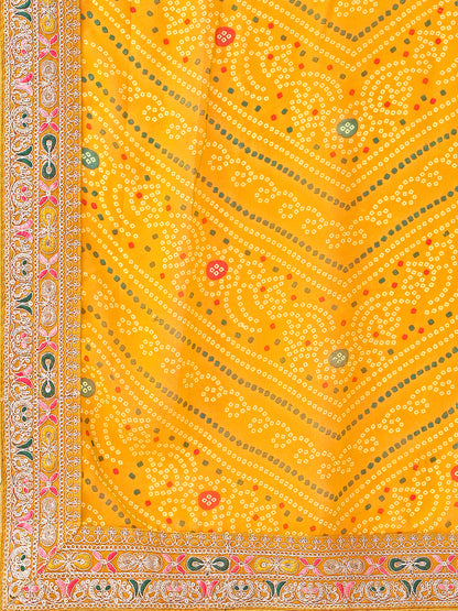 Leelavati Embroidered, Striped Bandhani Georgette Saree (Yellow)