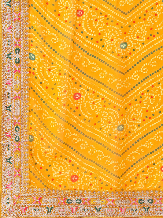Leelavati Embroidered, Striped Bandhani Georgette Saree (Yellow)