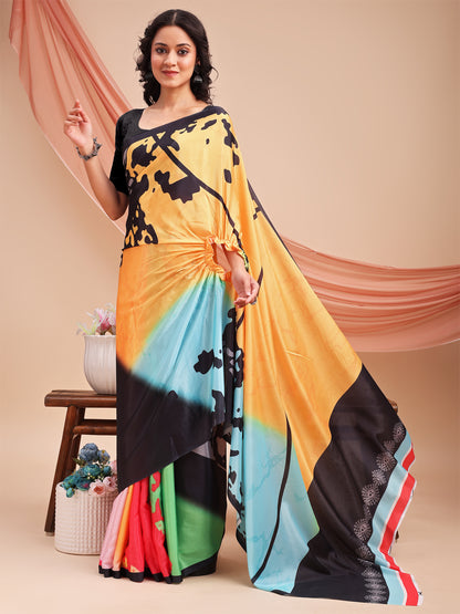 Leelavati Printed, Embellished, Embroidered Daily Wear Chiffon Saree (Black, Yellow, Multicolor)
