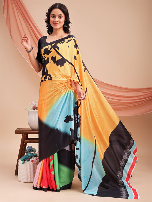 Leelavati Printed, Embellished, Embroidered Daily Wear Chiffon Saree (Black, Yellow, Multicolor)