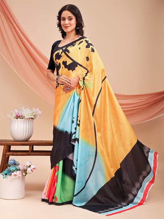 Leelavati Printed, Embellished, Embroidered Daily Wear Chiffon Saree (Black, Yellow, Multicolor)