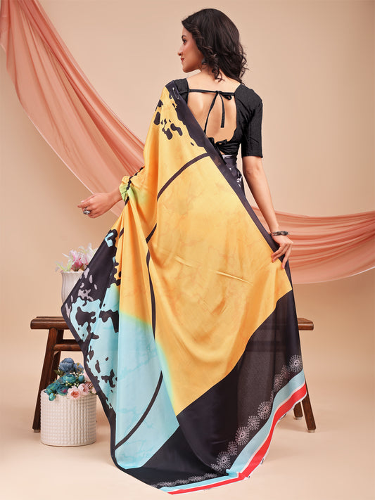Leelavati Printed, Embellished, Embroidered Daily Wear Chiffon Saree (Black, Yellow, Multicolor)