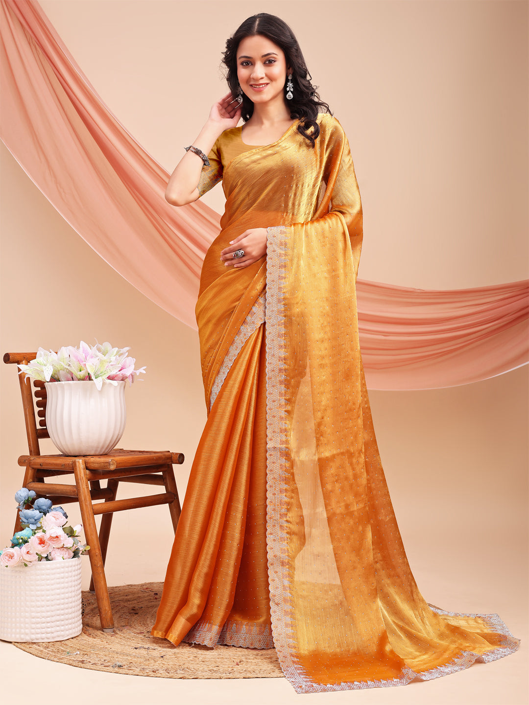 Leelavati Embroidered, Embellished Bollywood Jimmy choo Saree (Orange)