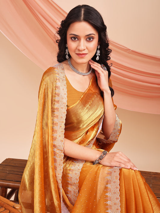 Leelavati Embroidered, Embellished Bollywood Jimmy choo Saree (Orange)