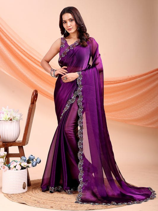 Leelavati Embroidered, Embellished Bollywood Jimmy choo Saree (Purple)