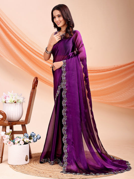Leelavati Embroidered, Embellished Bollywood Jimmy choo Saree (Purple)