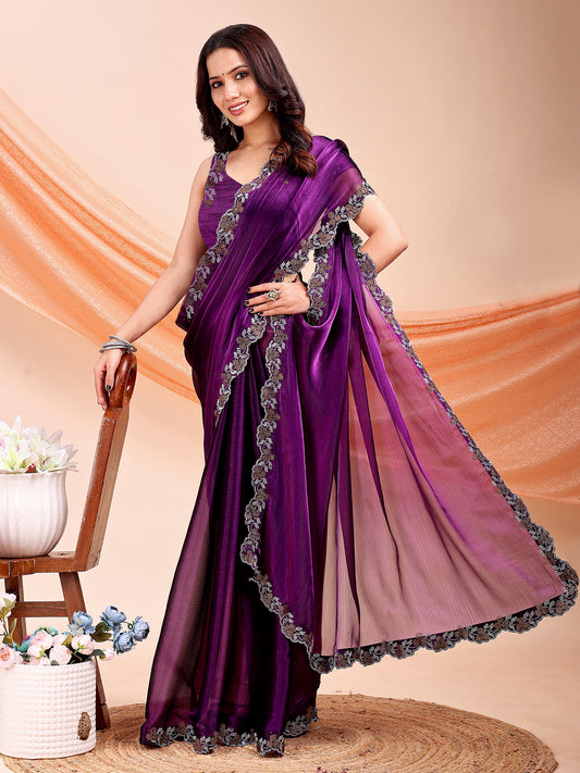 Leelavati Embroidered, Embellished Bollywood Jimmy choo Saree (Purple)