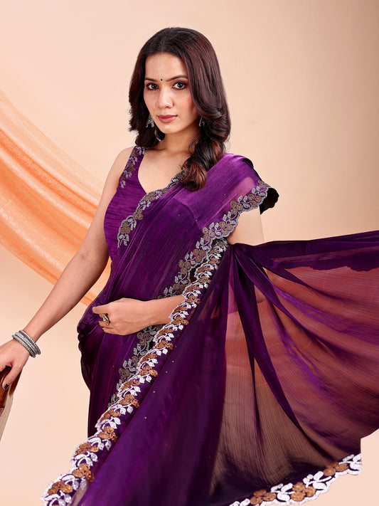 Leelavati Embroidered, Embellished Bollywood Jimmy choo Saree (Purple)