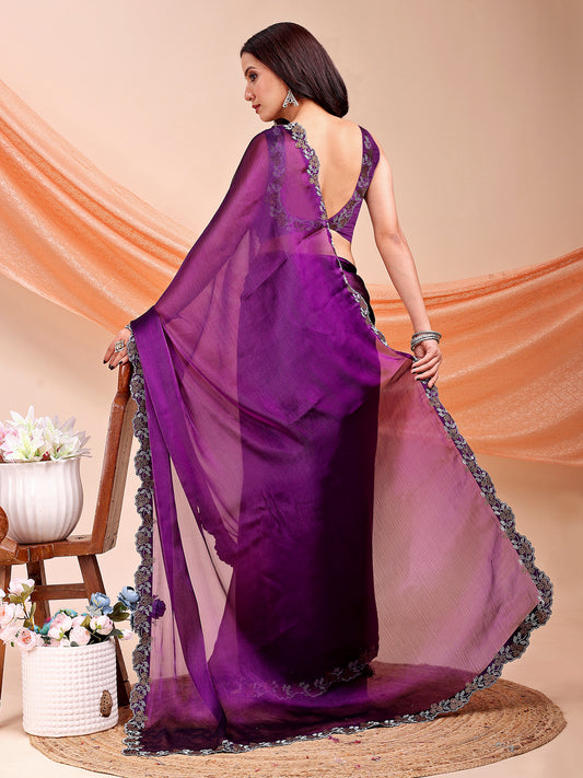 Leelavati Embroidered, Embellished Bollywood Jimmy choo Saree (Purple)