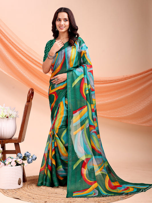 Leelavati Printed, Embellished, Embroidered Daily Wear Chiffon Saree (Light Green)