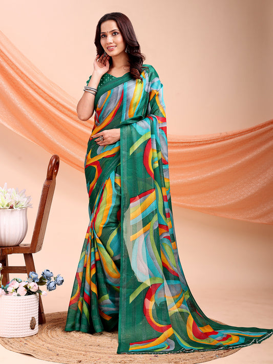 Leelavati Printed, Embellished, Embroidered Daily Wear Chiffon Saree (Light Green)