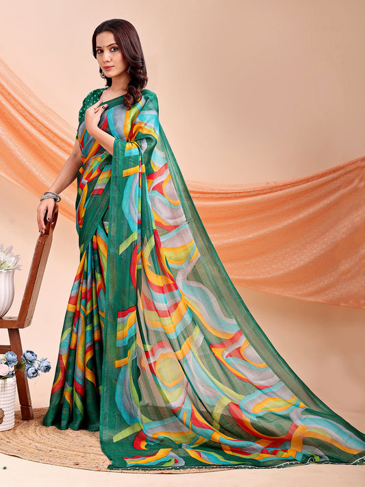 Leelavati Printed, Embellished, Embroidered Daily Wear Chiffon Saree (Light Green)